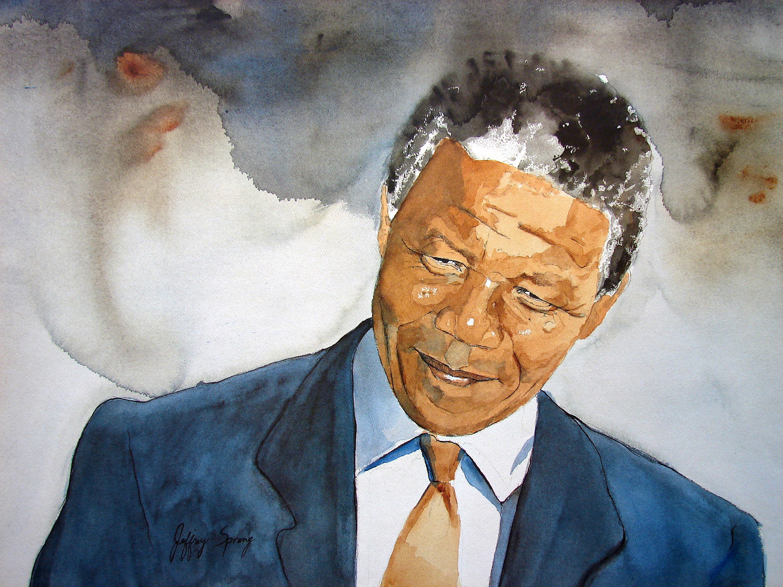 Watercolour painting of Nelson Mandela with his head angled as if listening with interest